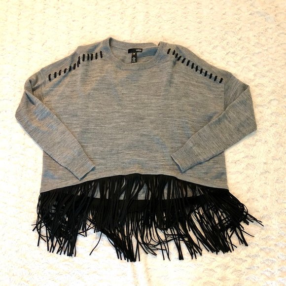 Aqua Sweaters - Swingy faux suede fringed gray sweater